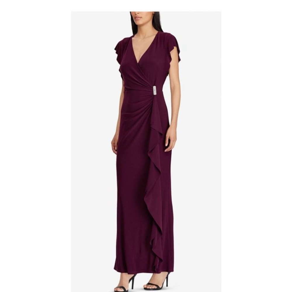 Ralph Lauren Women's Ruffle Flutter Sleeve Surplice Gown Amaria in Burgundy